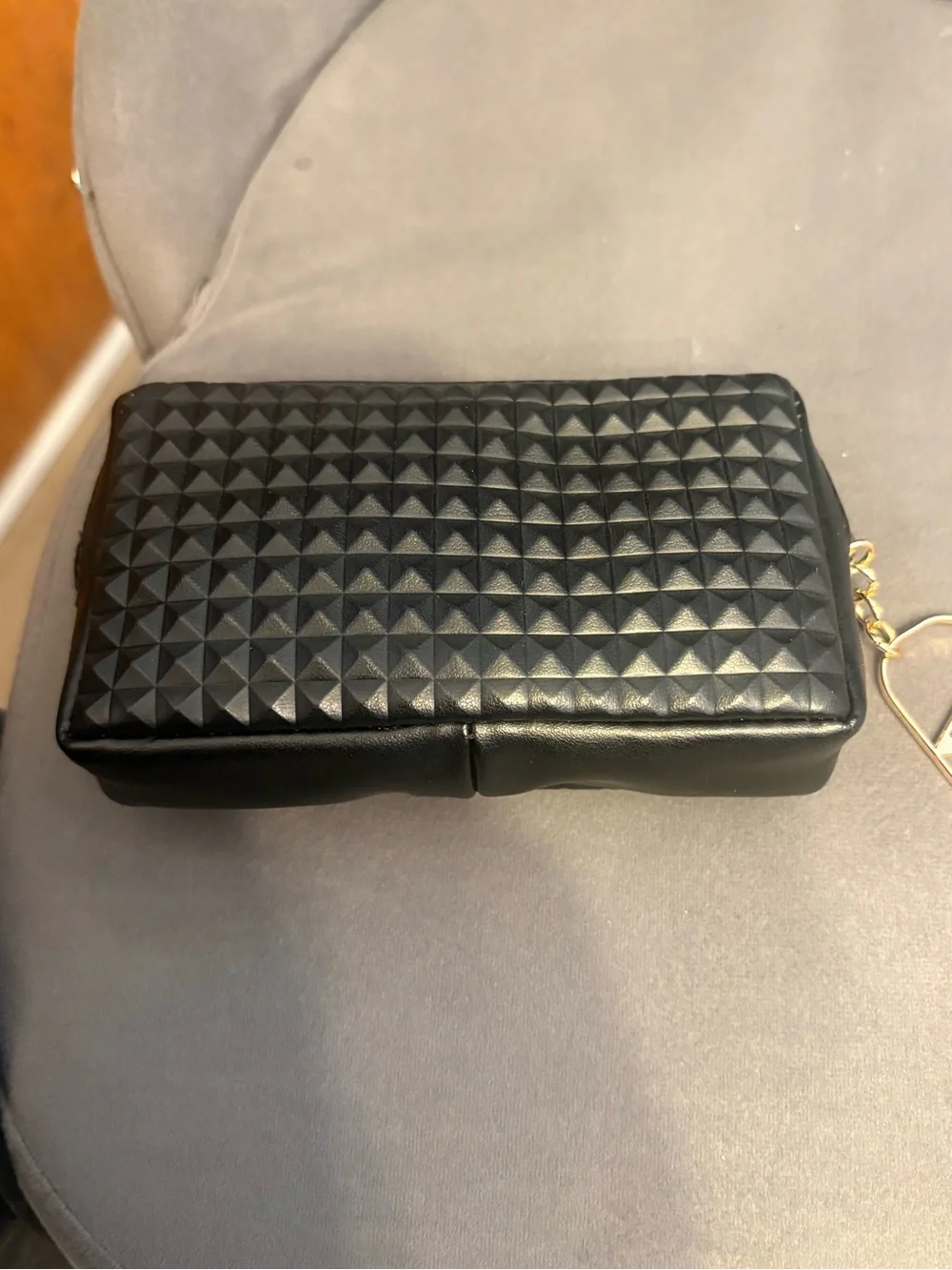 Valentino Black Quilted Rockstud Zip Card & Key Holder with Gold V Charm